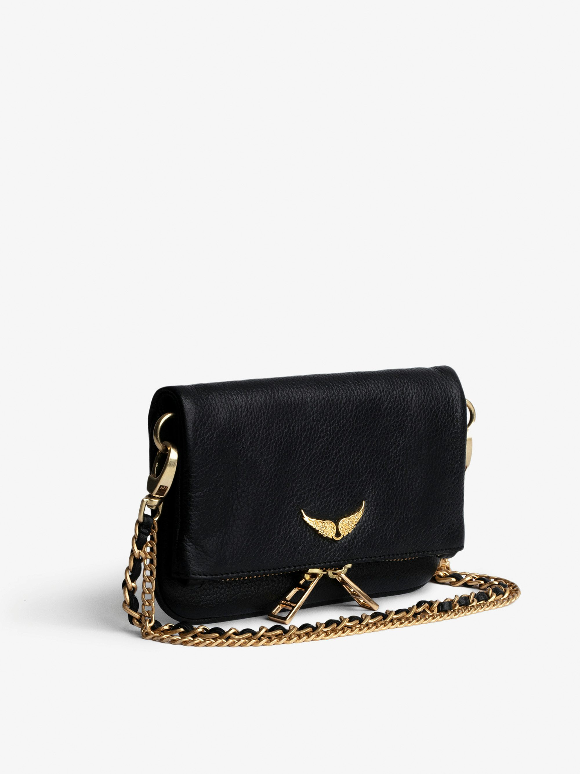 Rock Nano Clutch - Grained leather clutch with double leather and metal chains and rhinestone-adorned wings.